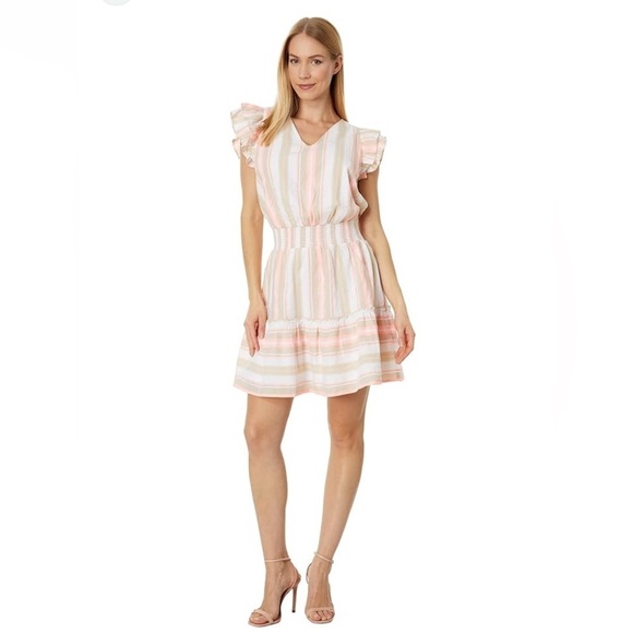 NEW Vineyard Vines Dress Medium Striped V Neck Striped Dress Sand Summer $189 - Picture 1 of 11